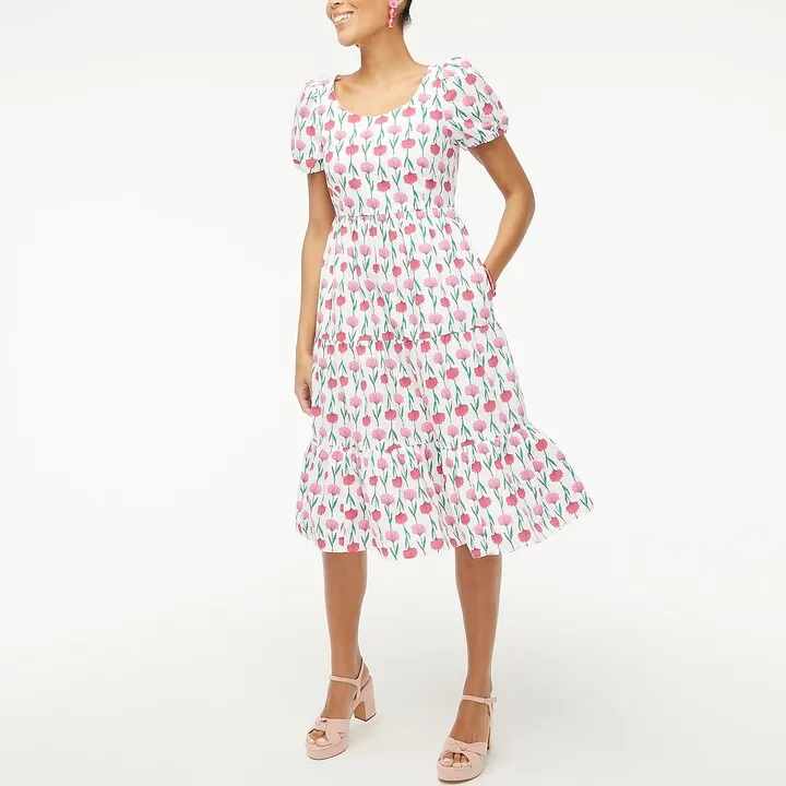 J.Crew Factory Women's Tiered Poplin Puff-Sleeve Midi Dress
