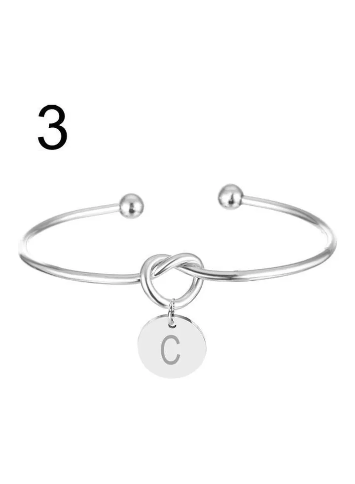 Letter C Carved Metal Charm Knotted Heart Opening Bracelet