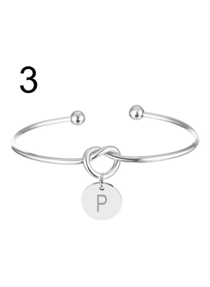 Letter P Carved Metal Charm Knotted Heart Opening Bracelet