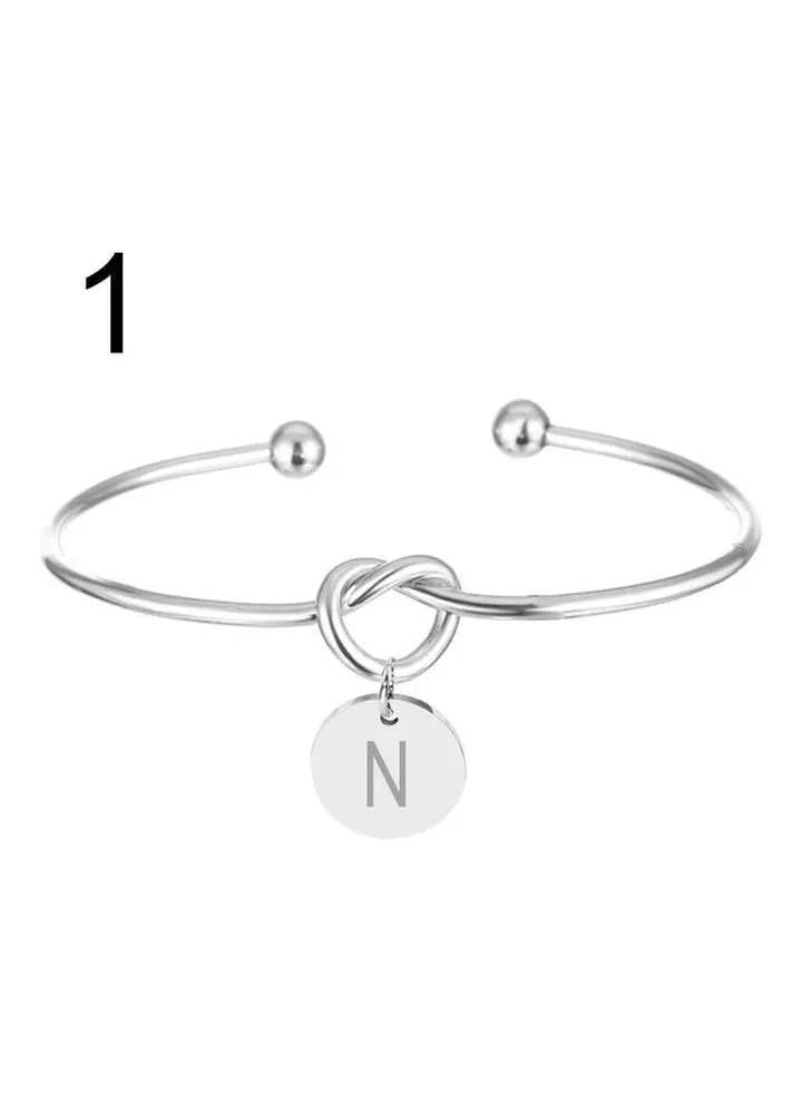 Letter N Carved Metal Charm Knotted Heart Opening Bracelet