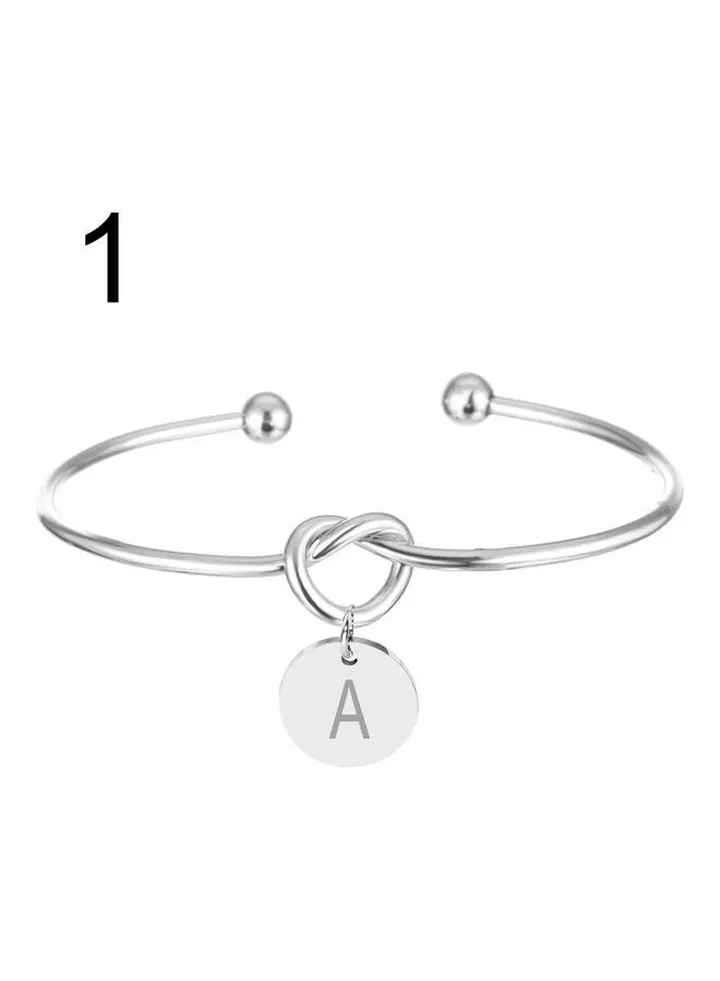 Letter A Carved Metal Charm Knotted Heart Opening Bracelet