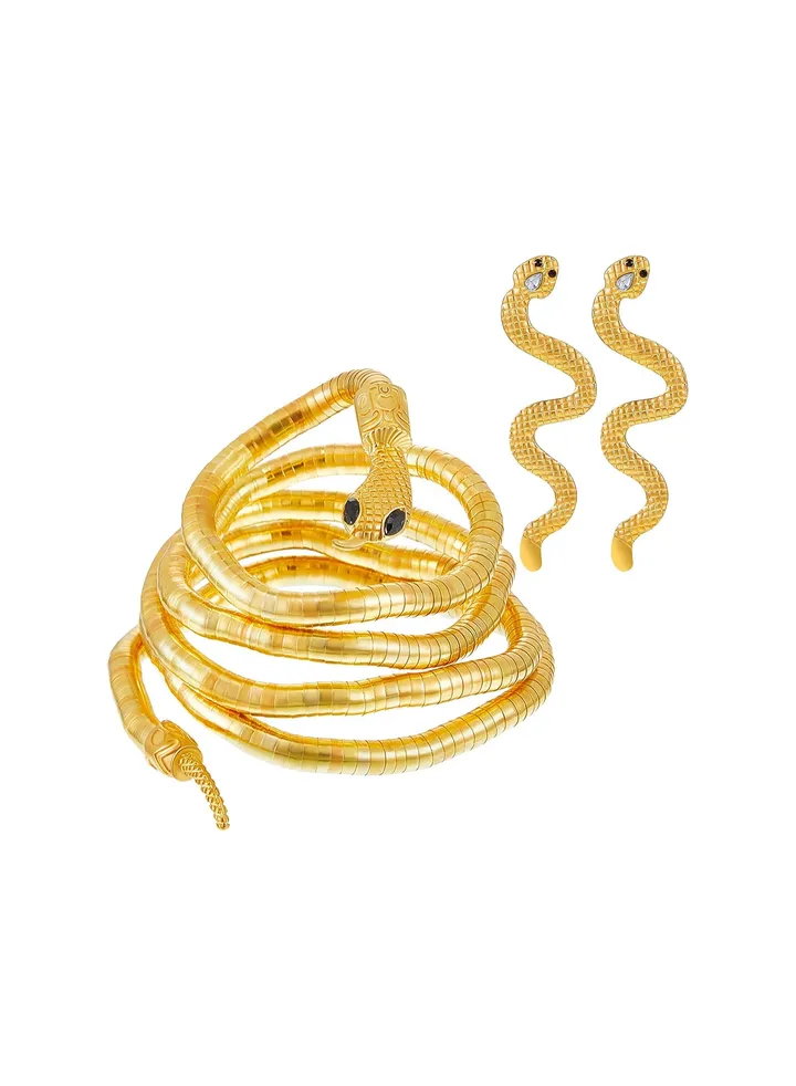 Bendable Snake Bracelet Earrings Set, Flexible Snake Bracelet Punk Snake Choker Gold Long Dangle Serpent Earrings Curved Snake Shaped Ear Studs for Hollween Party Jewelry