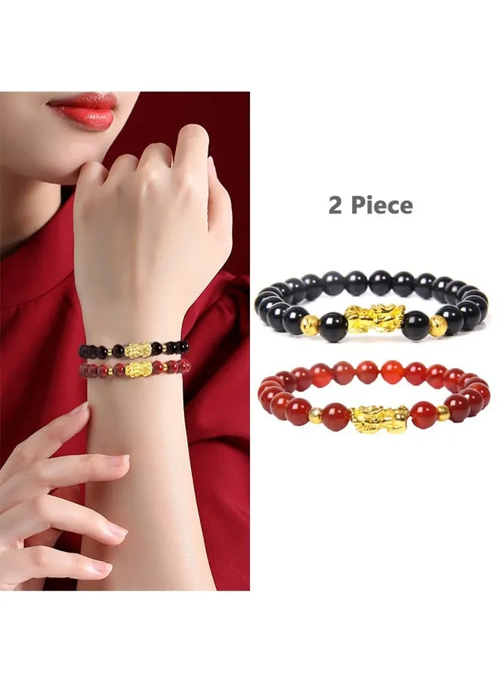 2 Piece Fengshui Black Obsidian Bracelet Gold Charm with 10mm Natural Stone Bracelet for Couples(Black and Red)