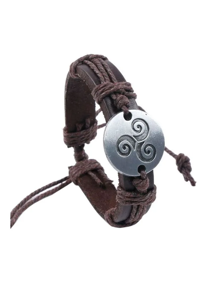 Vintage Spiral Triskele Round Charm Braided Leather Bracelet