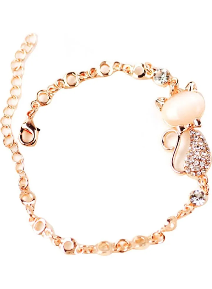 Cat Shape Faux Opal Rhinestone Inlaid Charm Bracelet