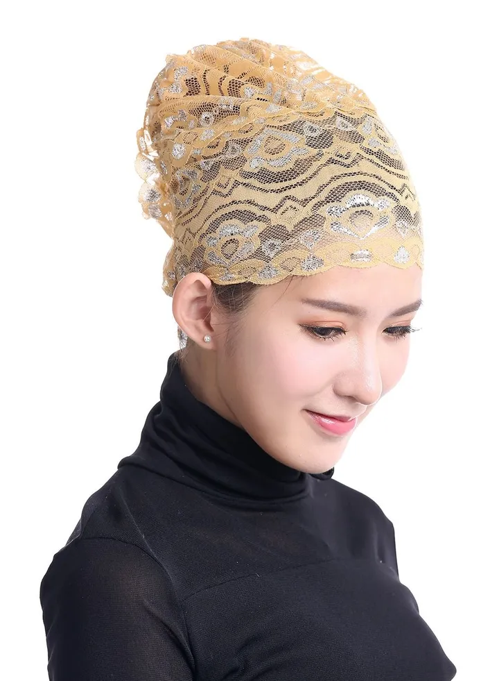 Women's Shiny Lace Hijab Inner Cap Soil Yellow