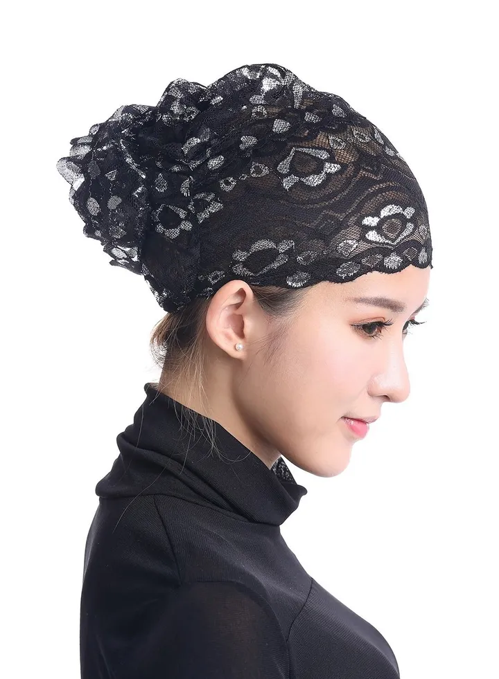 Women's Shiny Lace Hijab Inner Cap Black