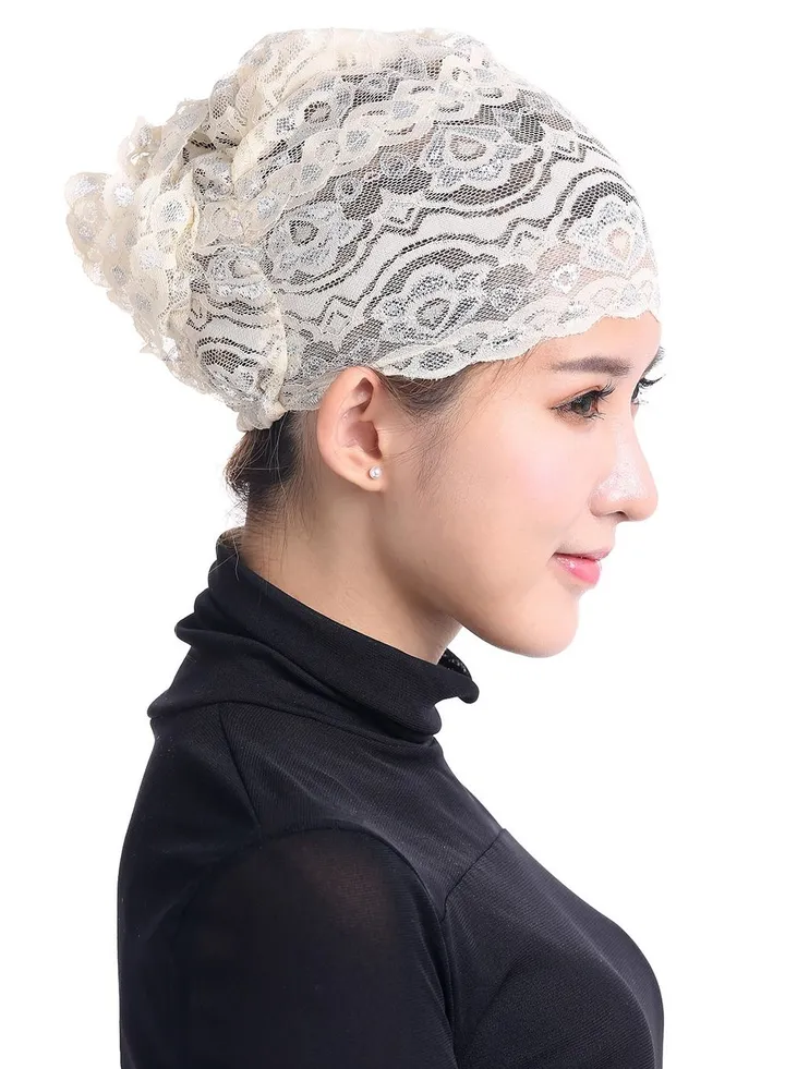 Women's Shiny Lace Hijab Inner Cap Beige