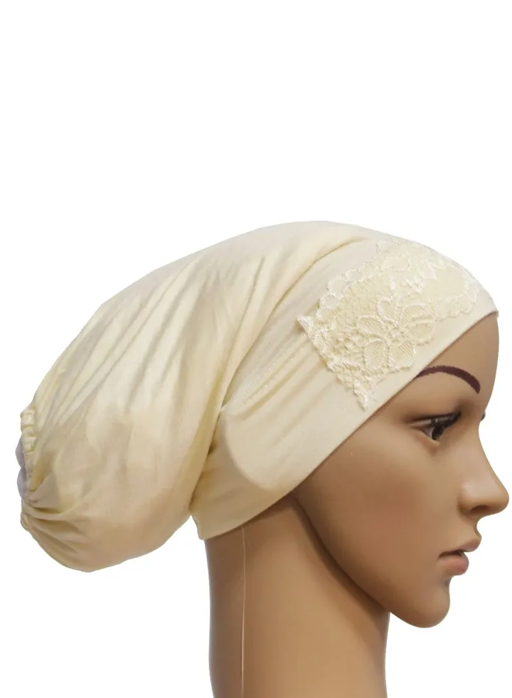 Women's Solid Color Stretch Lace Inner Tube Hijab Beige