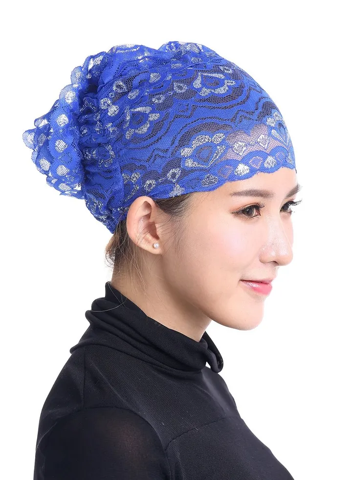 Women's Shiny Lace Hijab Inner Cap Dark Blue