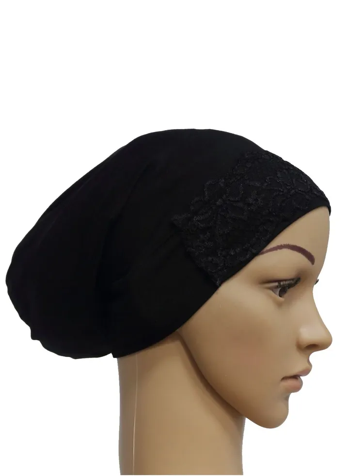 Women's Solid Color Stretch Lace Inner Tube Hijab Black