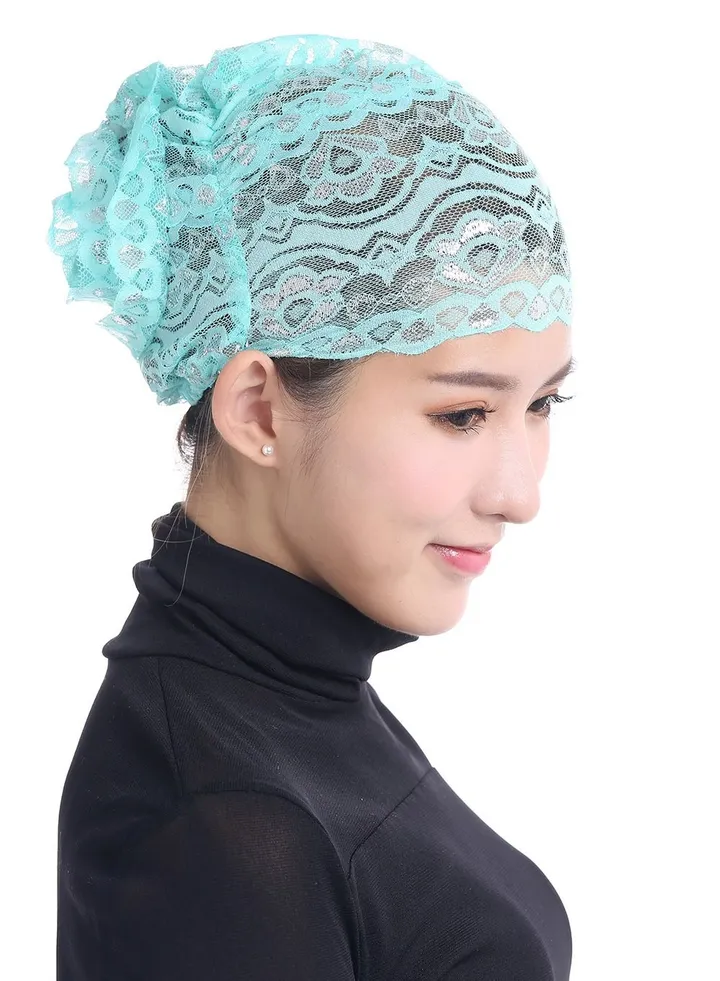 Women's Shiny Lace Hijab Inner Cap Grass Blue