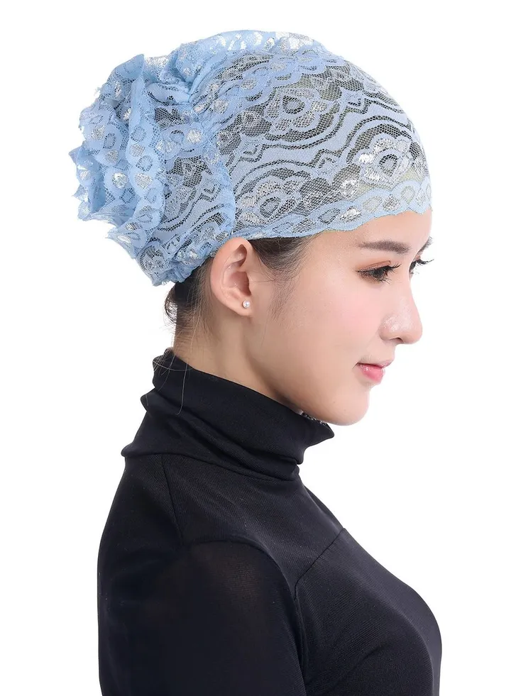 Women's Shiny Lace Hijab Inner Cap Sky Blue