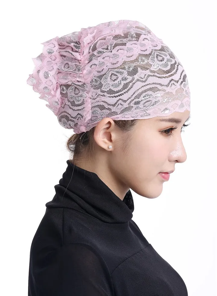 Women's Shiny Lace Hijab Inner Cap Pink