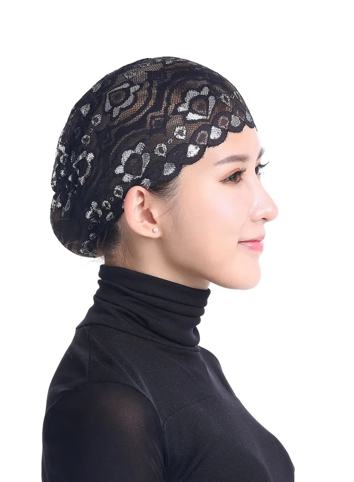 Women's Solid Color Shiny Lace Hijab Inner Cap Black
