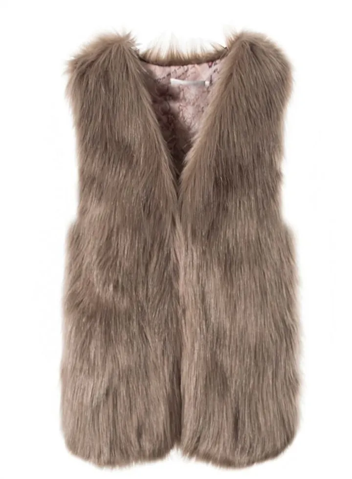 Women's Imitation Fox Fur Warm Vest Brown