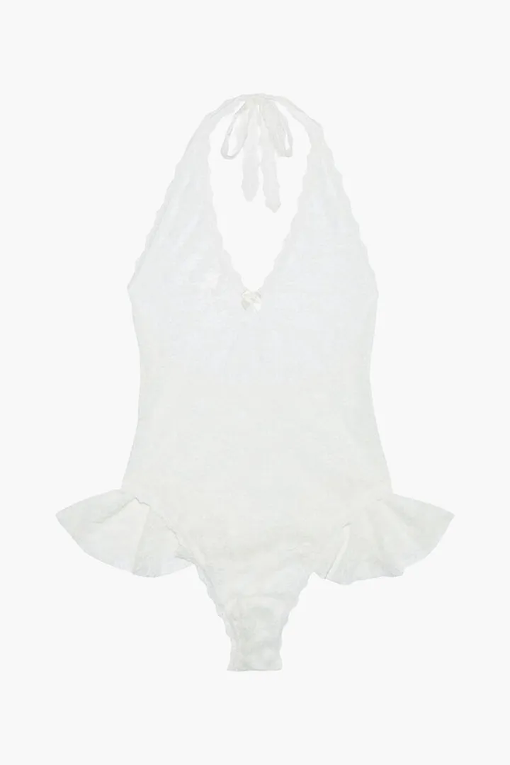 Peekaboo ruffled stretch-lace halterneck thong bodysuit