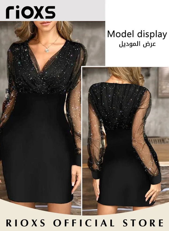 Women's Bodycon Evening Party Dress V Neck Puff Mesh Sleeves High Waist Slimming Dress for Formal Occasions
