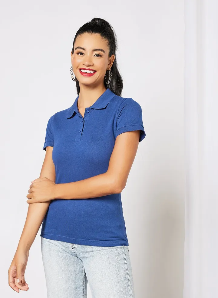 Women's Basic Casual Polo Neck Cotton Comfort Fit Half Sleeve T-Shirt Navy