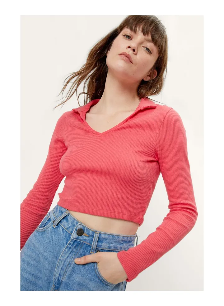 Waffle Long Sleeve Polo Top