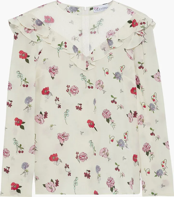 Point d'esprit-paneled floral-print silk crepe de chine blouse