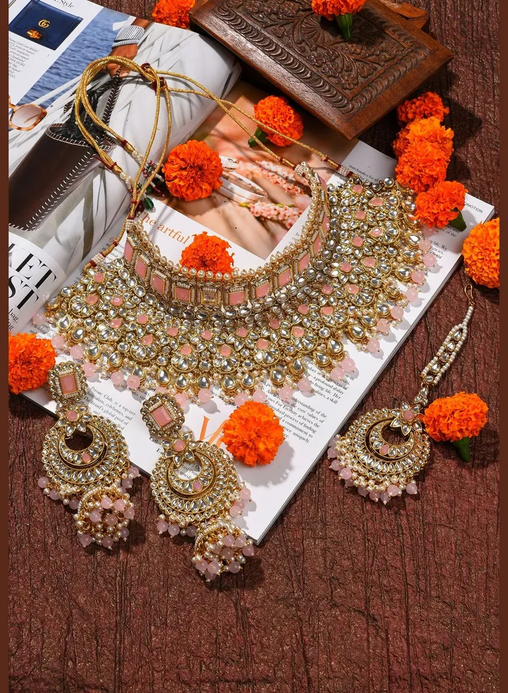 Gold Plated Designer Stone Beaded Necklace, Earrings and Maang Tikka Set