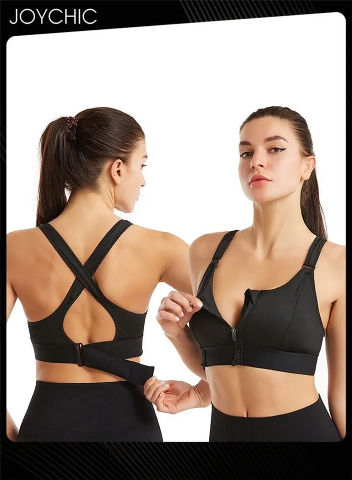 Adjustable Front Zipper Sports Bra Shockproof No Rims Breathable and Comfort Vest Yoga Cross Back Beauty Bra with Magic Belt Design for Women Girls Running Fitness Black