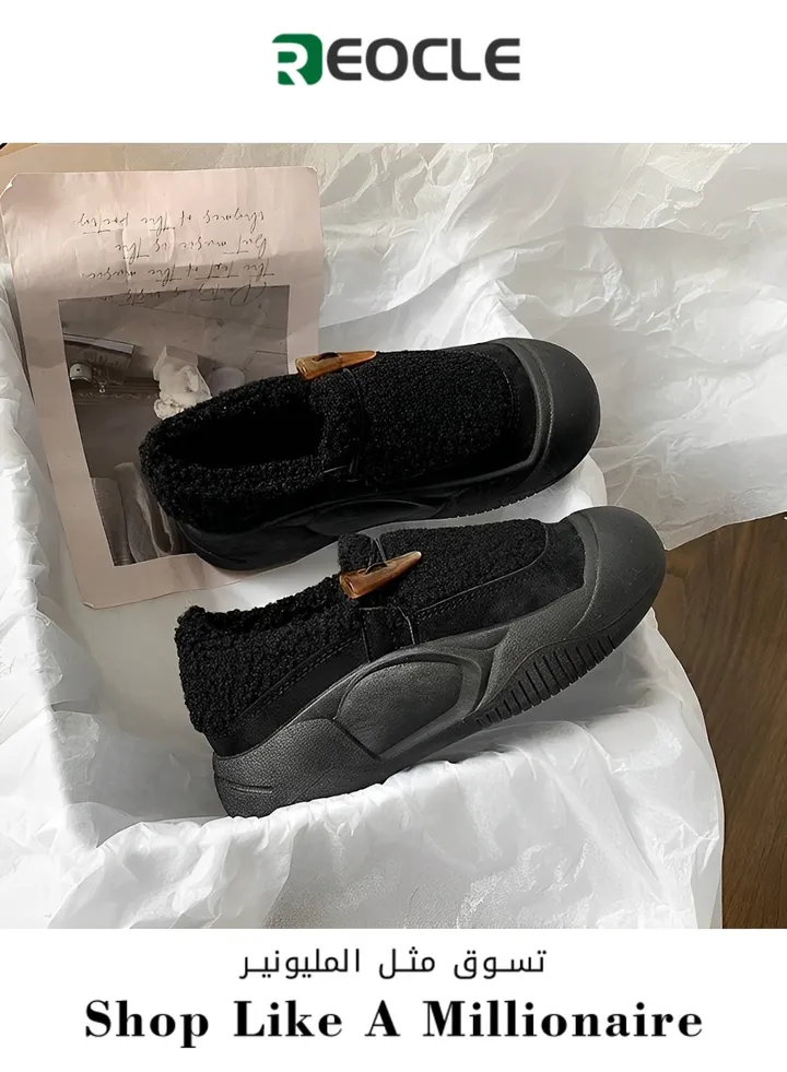Velvet Warm Cotton Shoes One-legged Casual Loafers Color-blocked Thick-soled Lambswool Shoes for Women New Autumn and Winter Outer Wear
