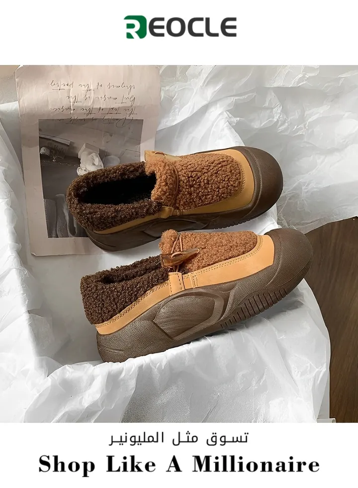 Velvet Warm Cotton Shoes One-legged Casual Loafers Color-blocked Thick-soled Lambswool Shoes for Women New Autumn and Winter Outer Wear