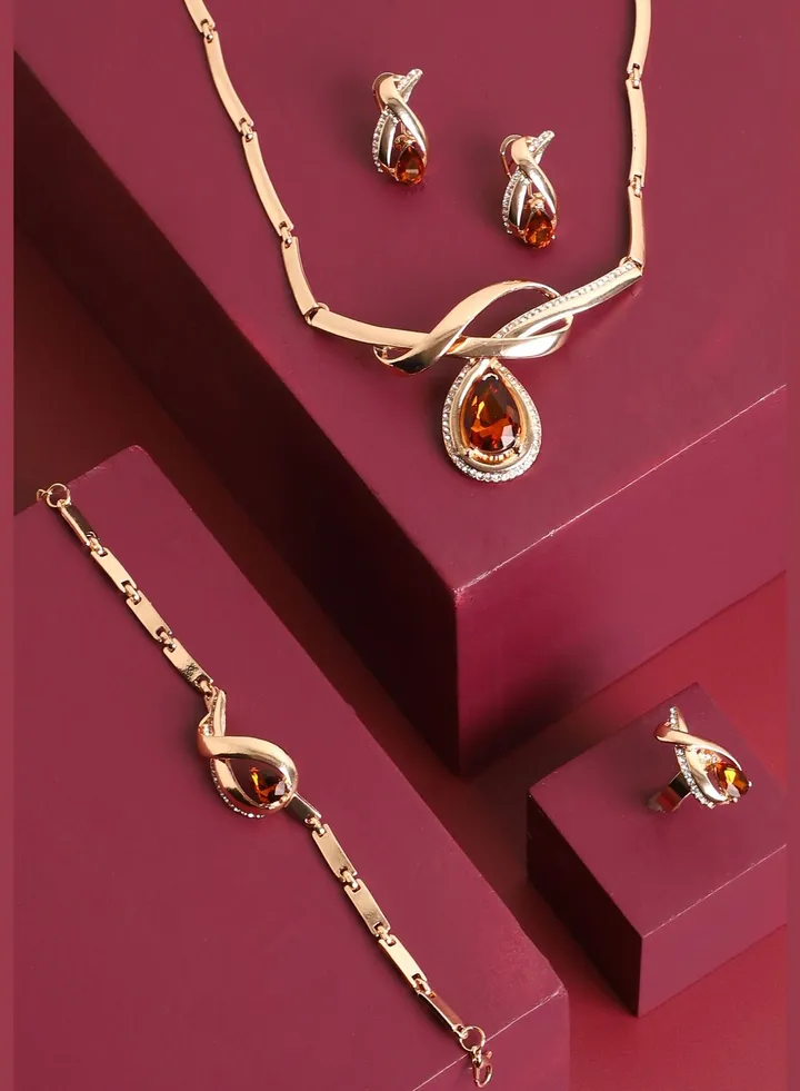 Gold Plated Designer Stone Necklace, Earring, Ring and Bracelet Set