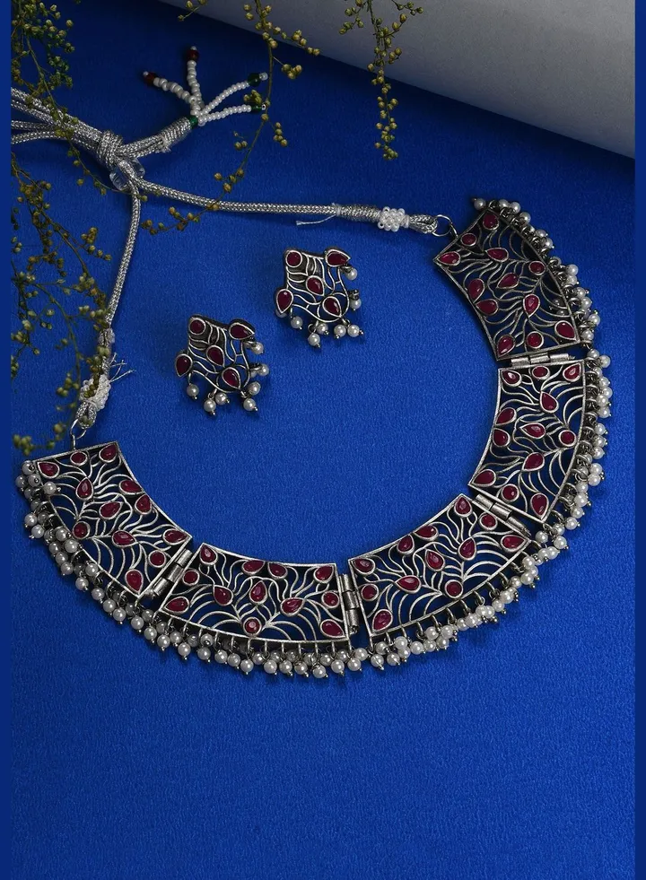 Silver Plated Designer Stone Necklace and Earrings Set
