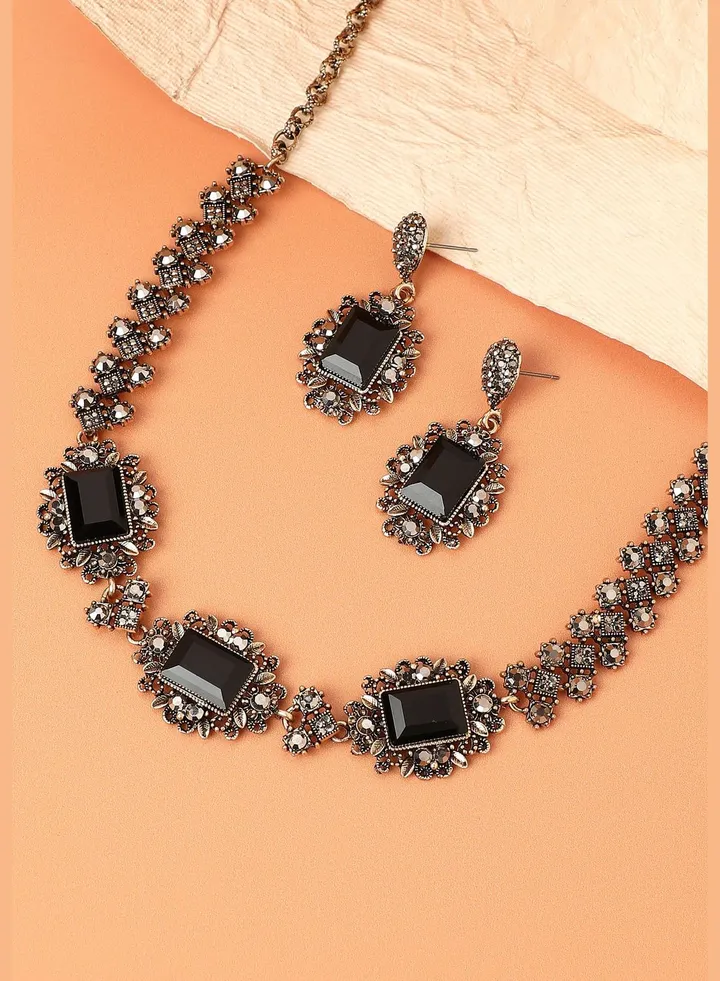 Gold Plated Designer Stone Party Wear Necklace and Earring Set For Women