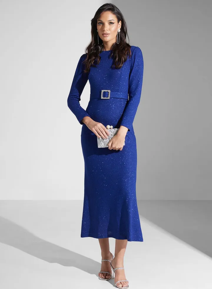 Belted Shimmer Shift Dress