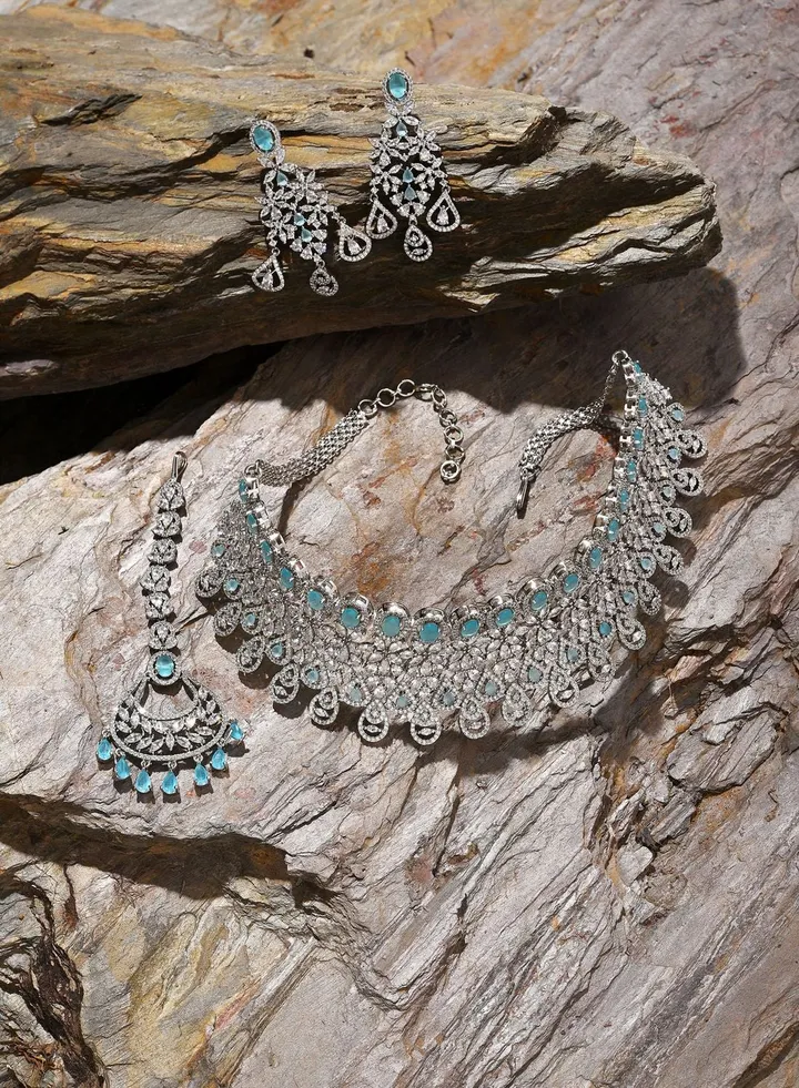Silver Plated Designer Stone Necklace, Earrings and Maang Tikka Set
