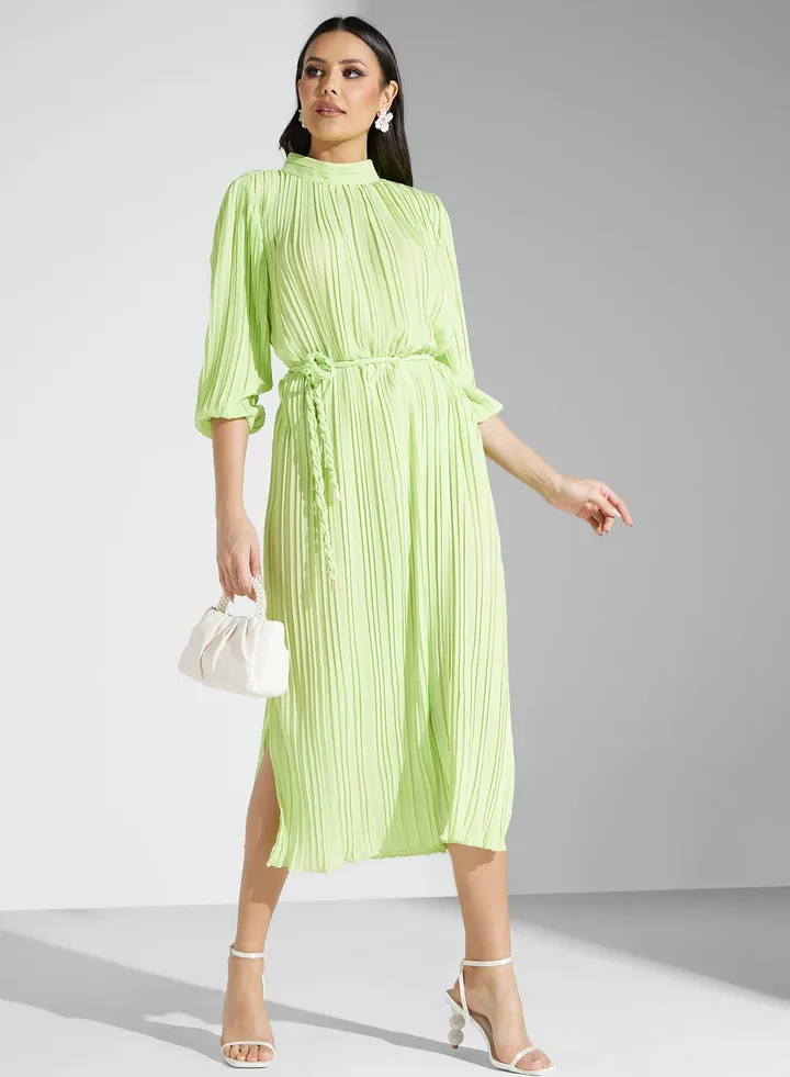 Belted Side Slit Plisse Dress