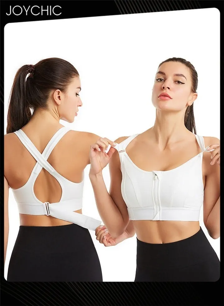 Adjustable Front Zipper Sports Bra Shockproof No Rims Breathable and Comfort Vest Yoga Cross Back Beauty Bra with Magic Belt Design for Women Girls Running Fitness White