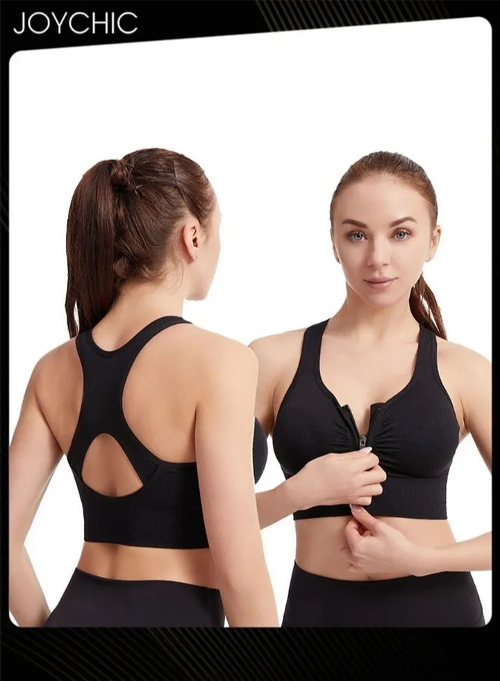 Women's Zip Front Sports Bra Active Yoga Girl Sports Bras Wirefree Lightweight Comfort Bra with Adjustable Straps for Yoga Running Black
