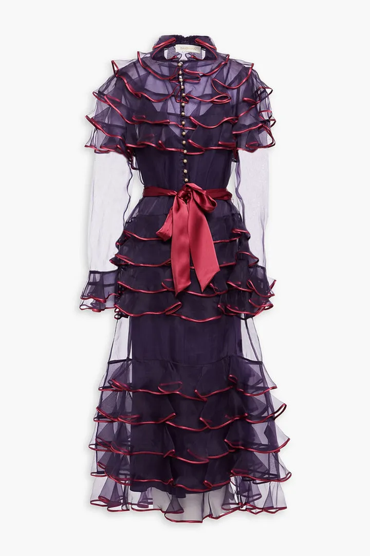 Belted tiered silk-organza midi dress