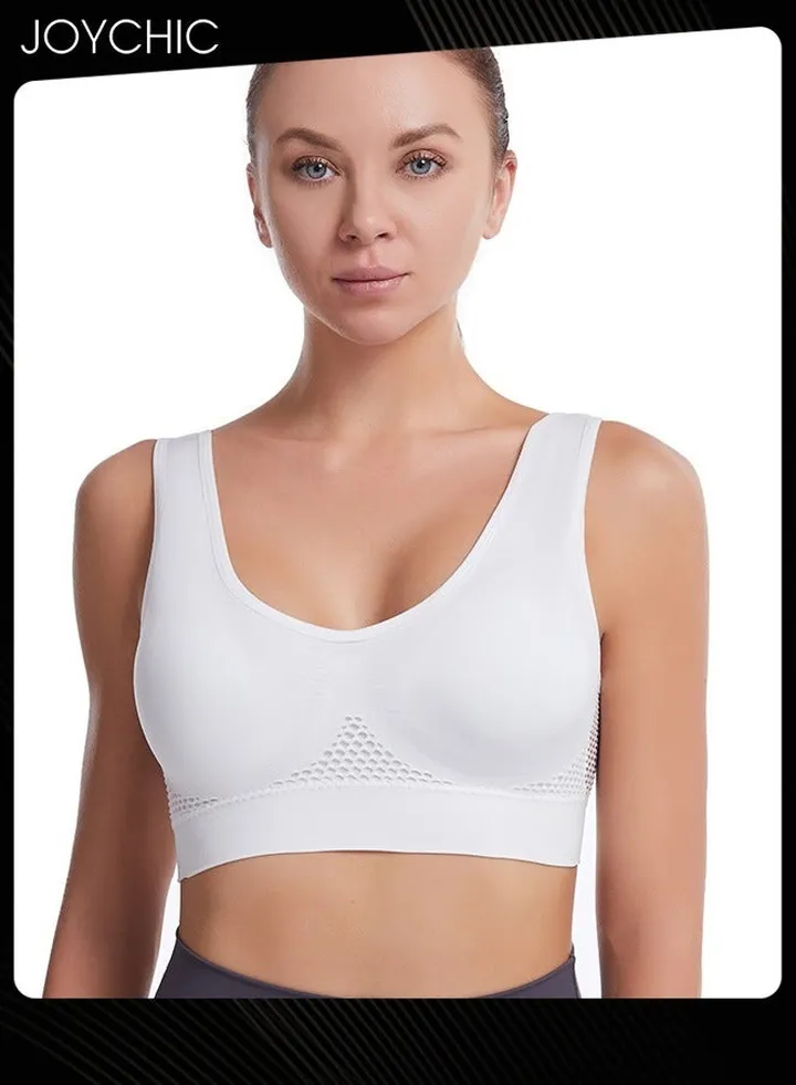 Seamless Sports Yoga Bra Hollow Mesh Breathable Holes No Rims Comfortbale Bra Vest with Widen Shoulder Straps for Women White