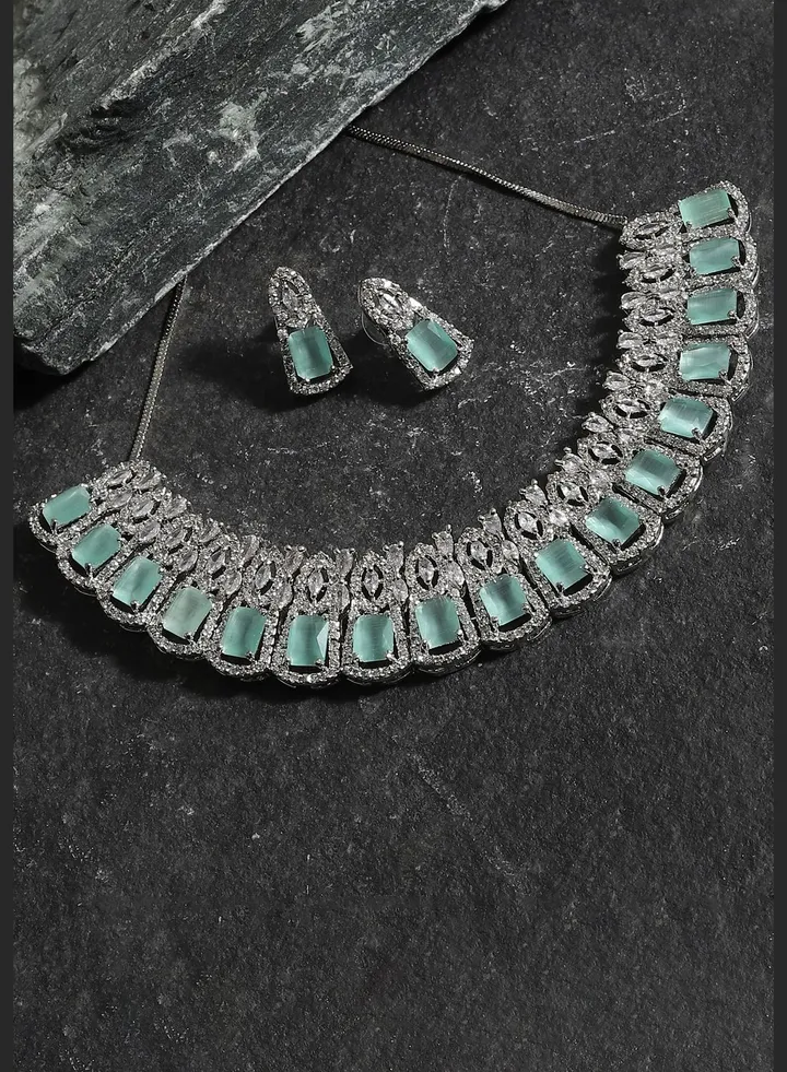 Silver Plated American Diamond and Designer Stone Party Necklace and Earring Set For Women