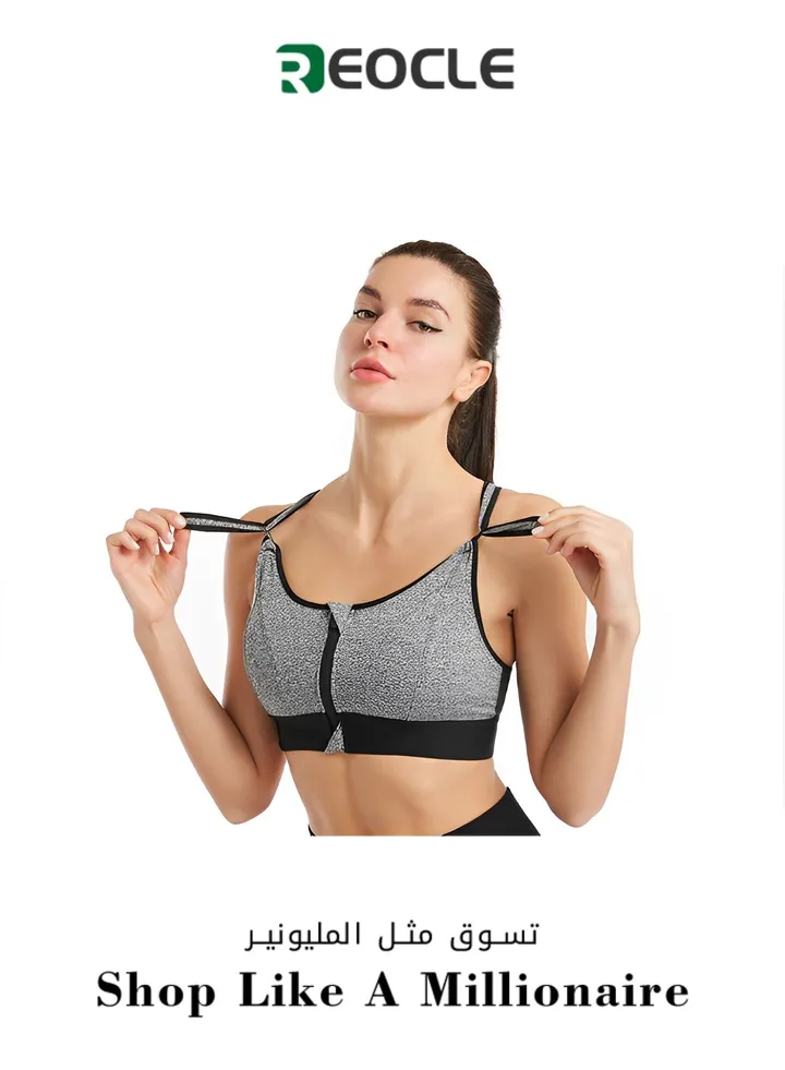Women's Sports Bra Criss-Cross Back Padded Strappy Sports Bras Shockproof Wire-free Underwear Adjustable Front Zip Bra for Workout & Running
