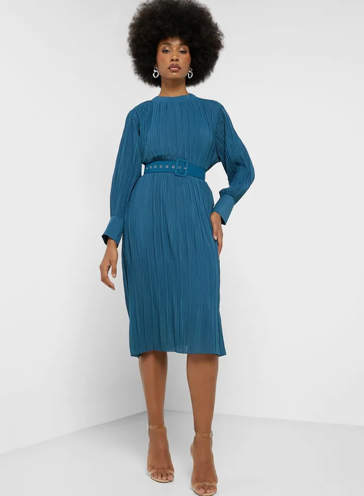Pleated Belted Dress