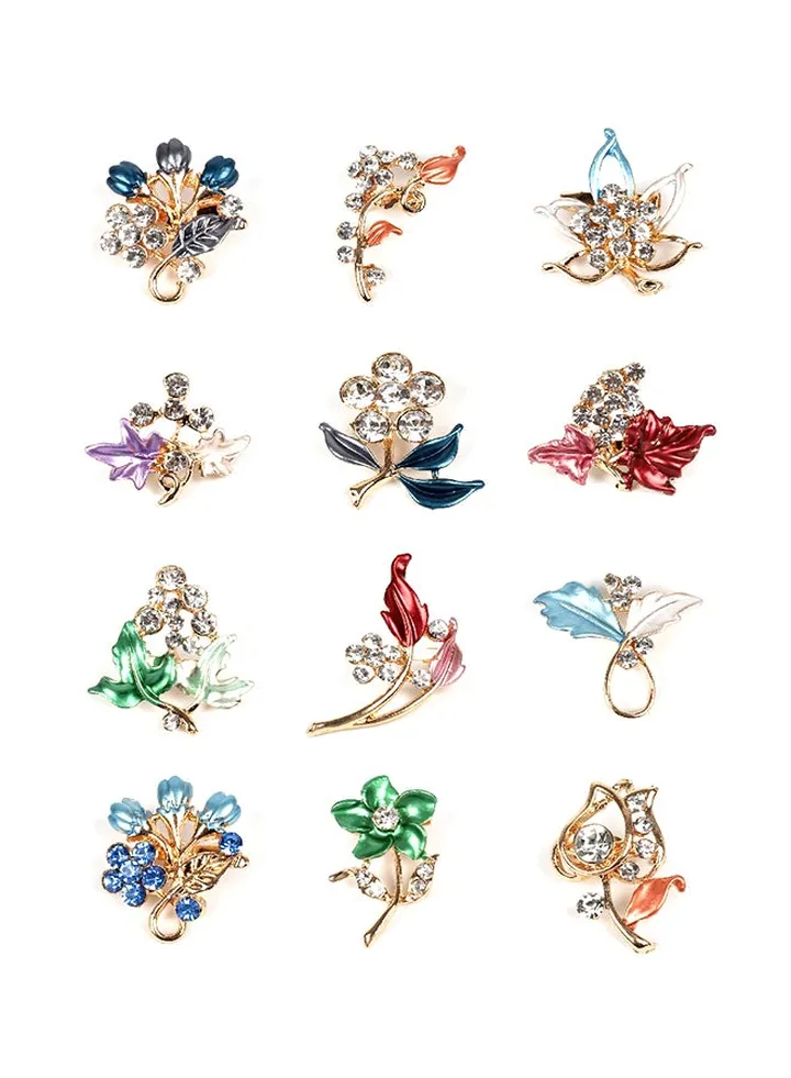 12-Piece Flower Shaped Rhinestone Elegant Brooch