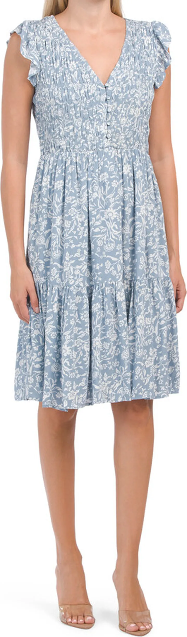 Ruffle Sleeve V-neck Smocked Bodice Midi Dress