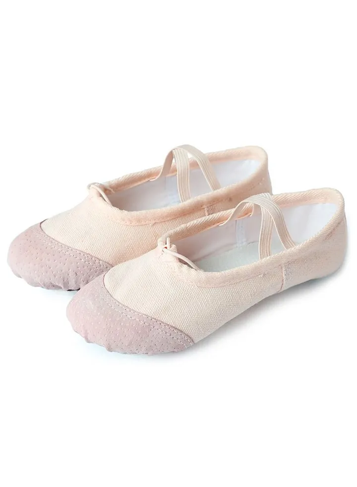 Dancing Shoes Soft Bottom Practice Ballet with Leather Head Shoes for Girls Beige Color