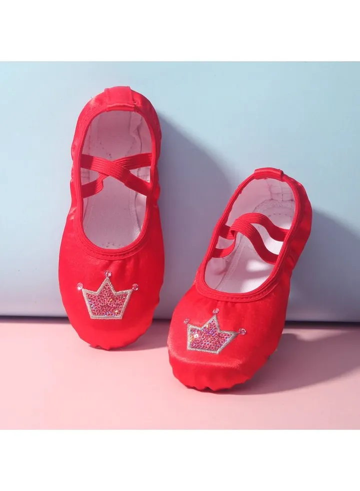 Girl's Dance Shoes Ballet Embroidered Crown Cat Claw Shoes Yoga Shoes Crown Red
