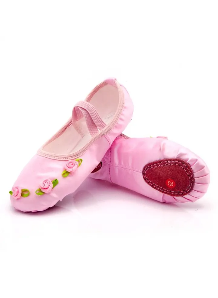 Girls' Rose Flower Satin Dance Shoes Practice Ballet Pink