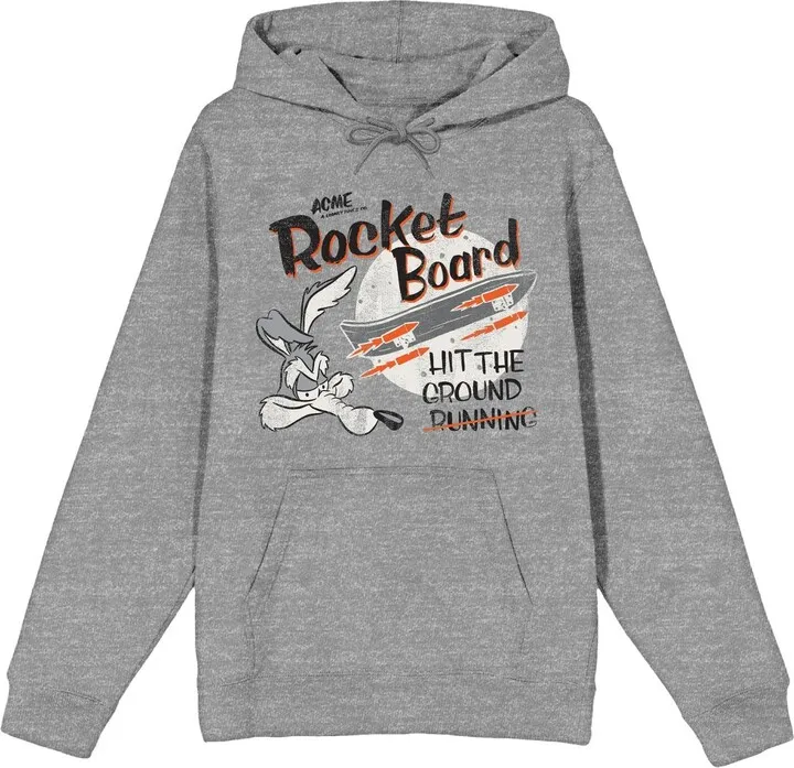 Looney Tunes Wile E. Coyote Rocket Board Men's Heather Grey Graphic Hoodie-3XL