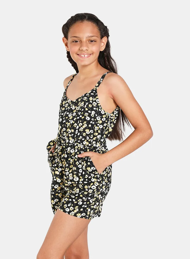 Floral Printed Playsuit Black