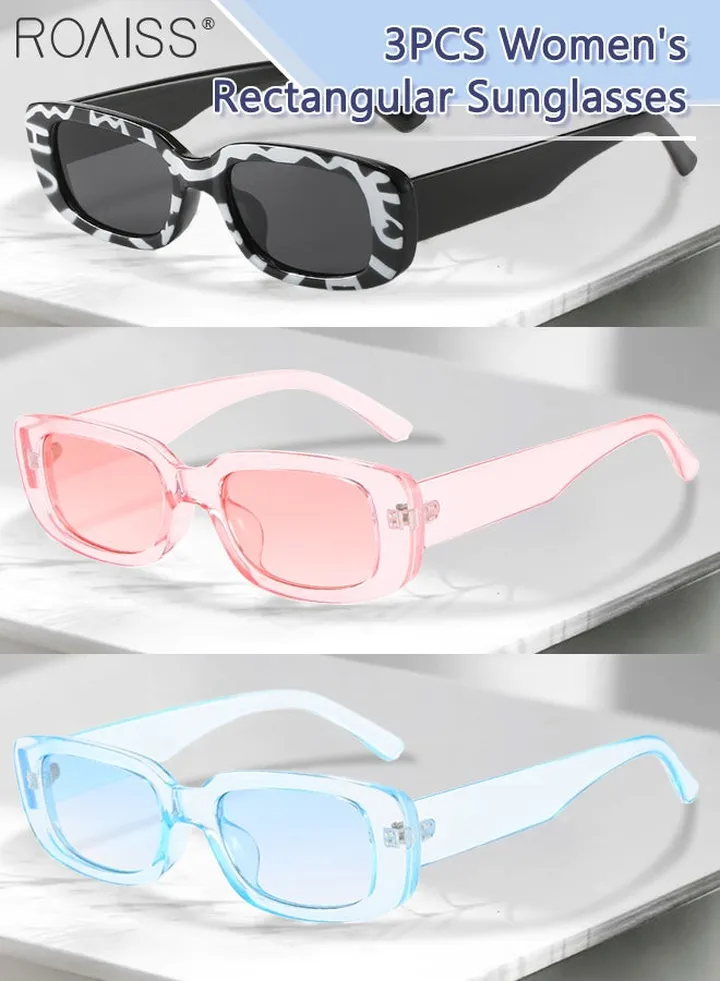 3PCS Women's Rectangular Sunglasses, UV400 Protection Sun Glasses, Fashion Decorative Eyewear for Outdoor Party Street Photography, Black, Pink and Blue